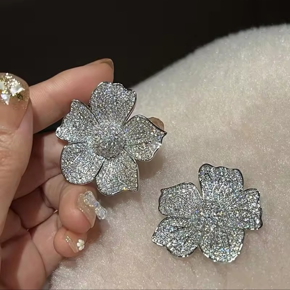 Floral Crystal Encrusted Silver Zirconia Earrings - Picture 7 of 12